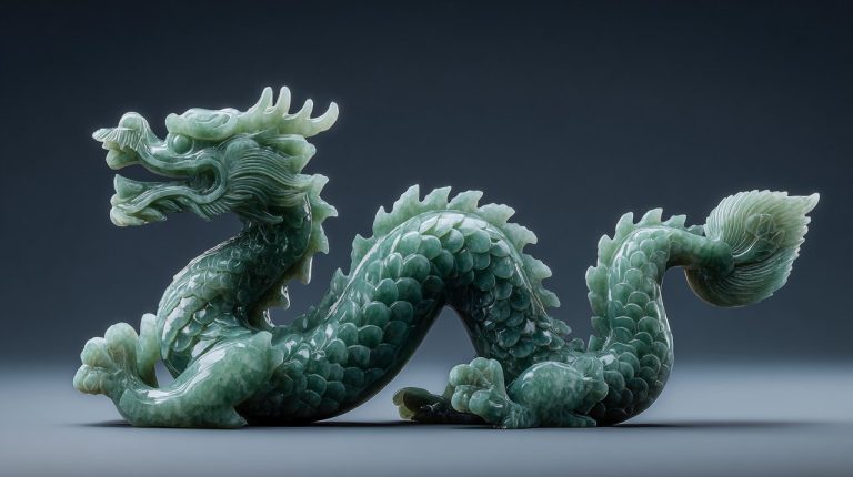 An intricate hand-carved jade dragon statuette.