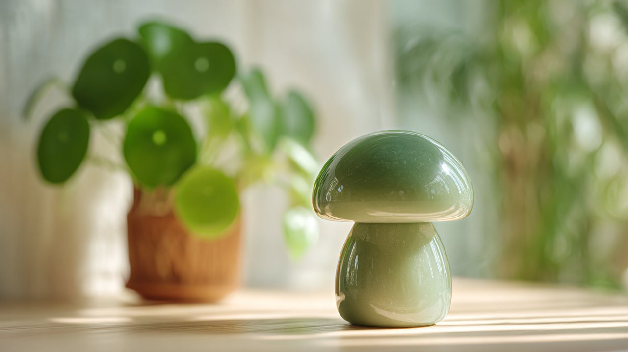 Um ornamento de cogumelo de jade colocado em uma mesa de trabalho, cercado por plantas.