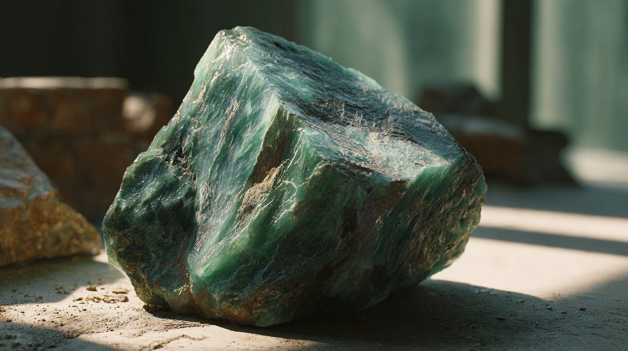 Uma pedra de jade natural bruta e não lapidada.