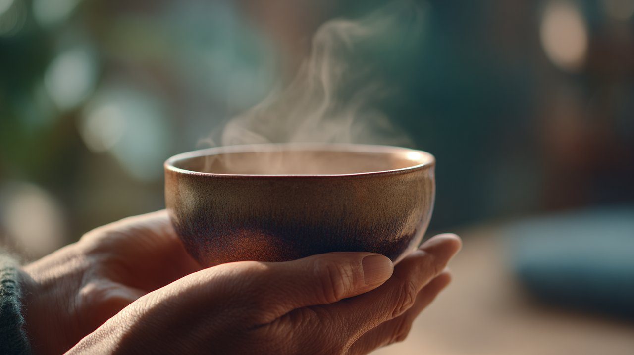 Manos sosteniendo suavemente una taza de té, simbolizando la presencia consciente en la vida diaria.
