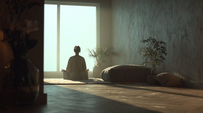 A person meditating peacefully in a sunlit room.
