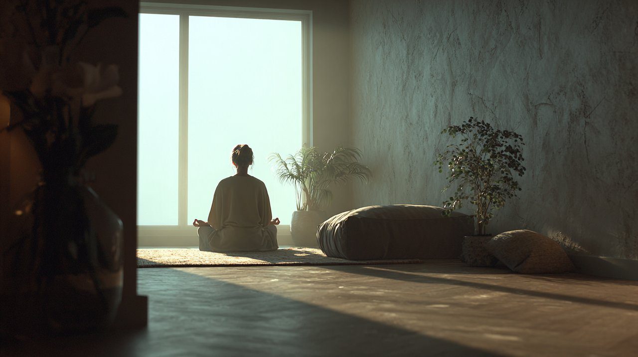 Una persona meditando pacíficamente en una habitación iluminada por el sol.