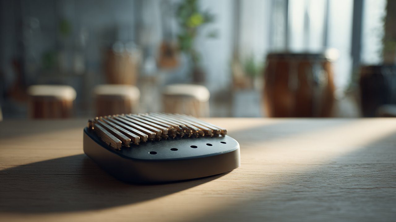Uma kalimba moderna em um ambiente pacífico e minimalista.