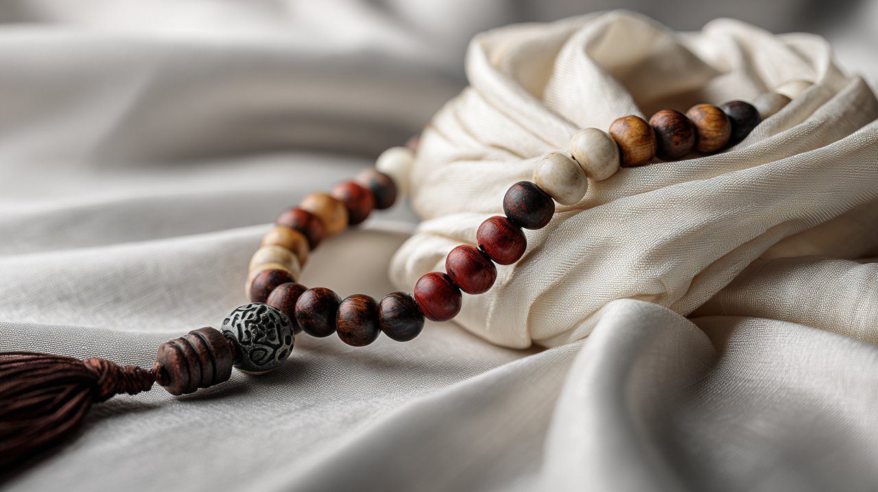 White khata draped beside Tibetan mala prayer beads and Dzi bead.
