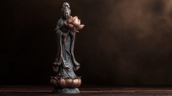 Estatua de Kuan Yin con una flor de loto.