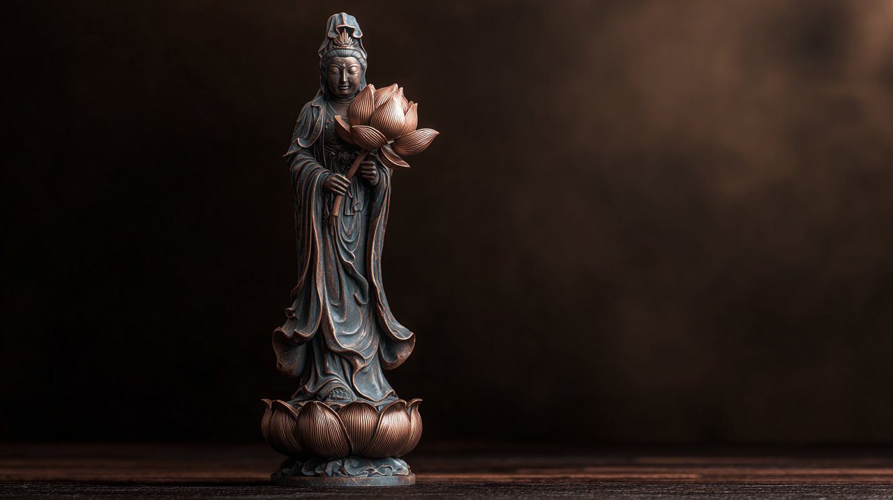 Kuan Yin statue with a lotus flower.