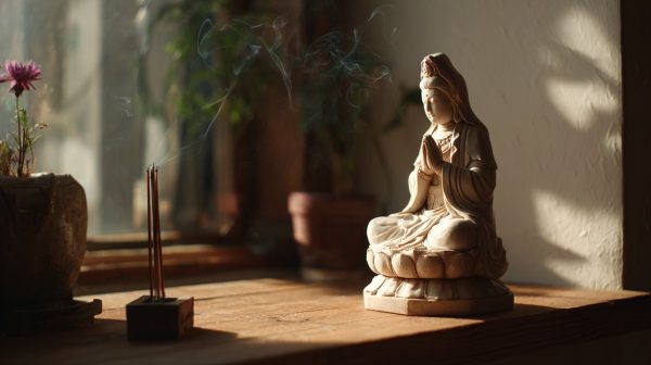 Estatua de Kuan Yin en un espacio de meditación hogareño y pacífico.