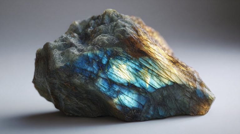 A raw, uncut Labradorite crystal displaying vibrant labradorescence.