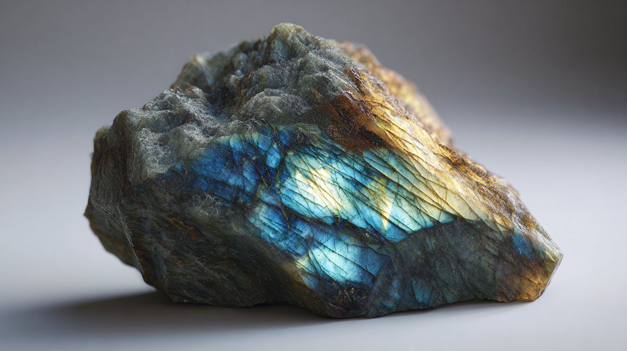 A raw, uncut Labradorite crystal displaying vibrant labradorescence.