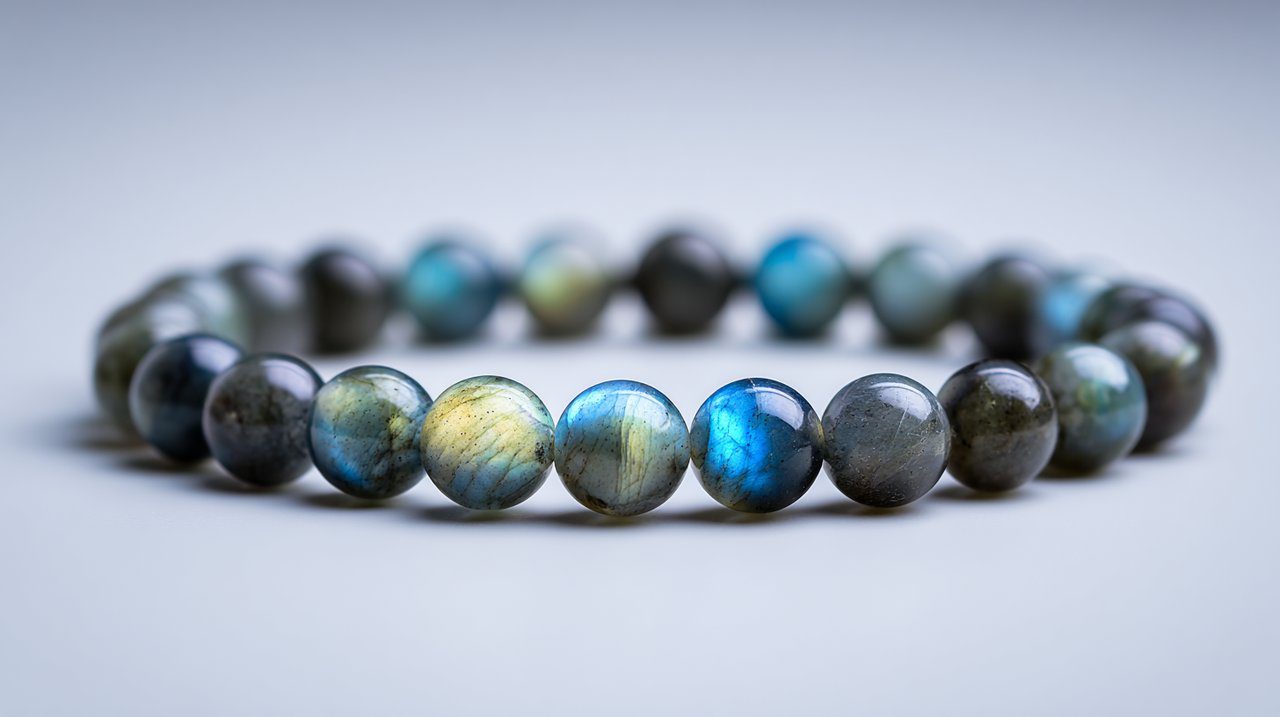An elegant Labradorite bead bracelet on a minimalist background.