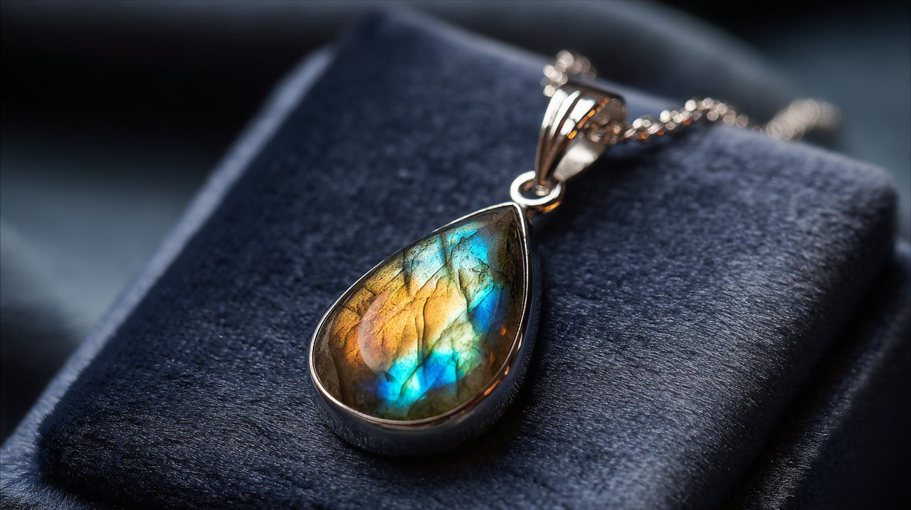 A beautiful Labradorite pendant necklace with silver accents.