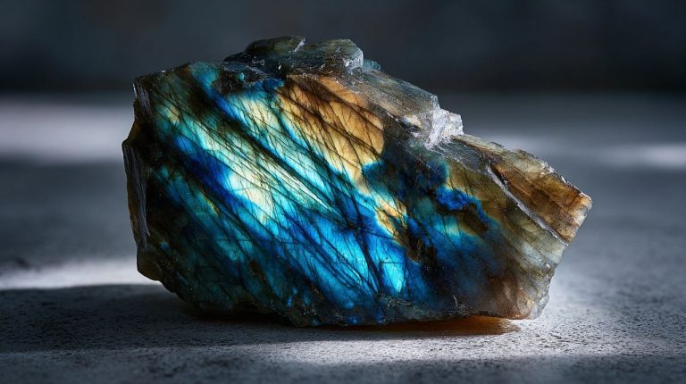 A raw, uncut Labradorite crystal with iridescent flashes.