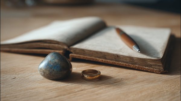 Piedras y joyas de Labradorita sobre un escritorio con un diario.