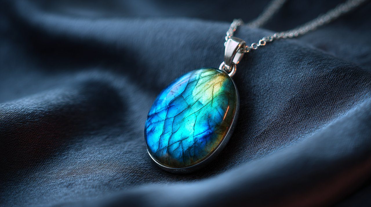A Labradorite pendant necklace on velvet, showing iridescence.