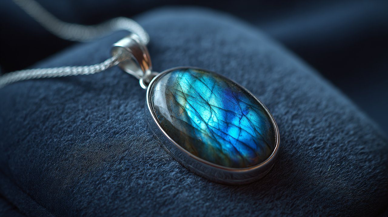 A polished labradorite pendant necklace on a minimalist background.