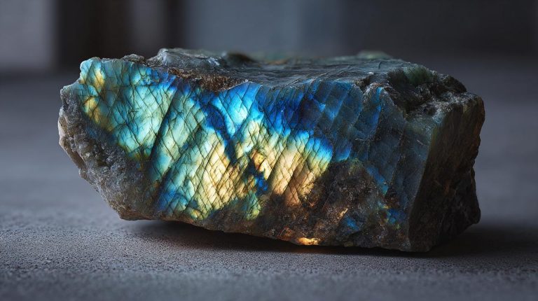 A raw, unpolished piece of labradorite stone displaying labradorescence.