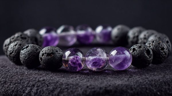 Pulsera que combina cuentas de piedra de lava oscura con cristales de amatista pulida.