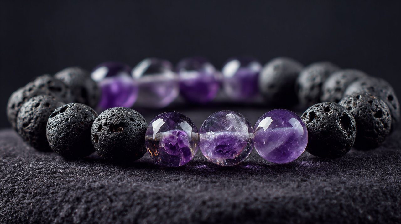 Bracelet combining dark lava stone beads with polished amethyst crystals.