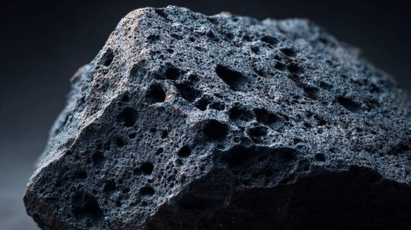 Primer plano de piedra de lava cruda sin pulir que muestra su textura porosa.