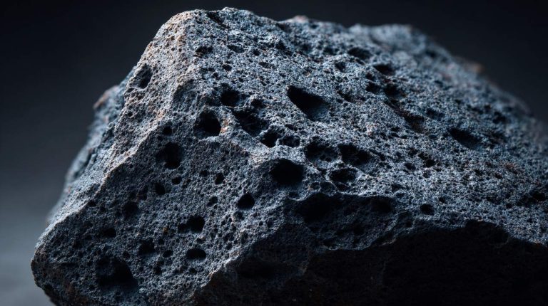 Close-up of raw, unpolished black lava stone showing its porous texture.