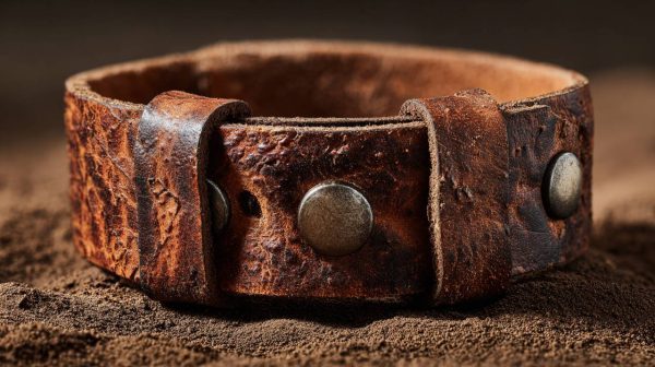 Primer plano de una pulsera de cuero robusta para hombres.