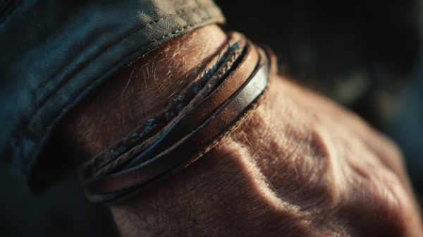 Un hombre usando una pulsera de cuero bien usada, simbolizando un viaje personal.