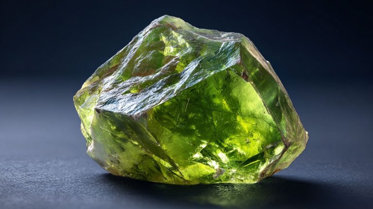A raw, uncut Peridot crystal glowing with green light.