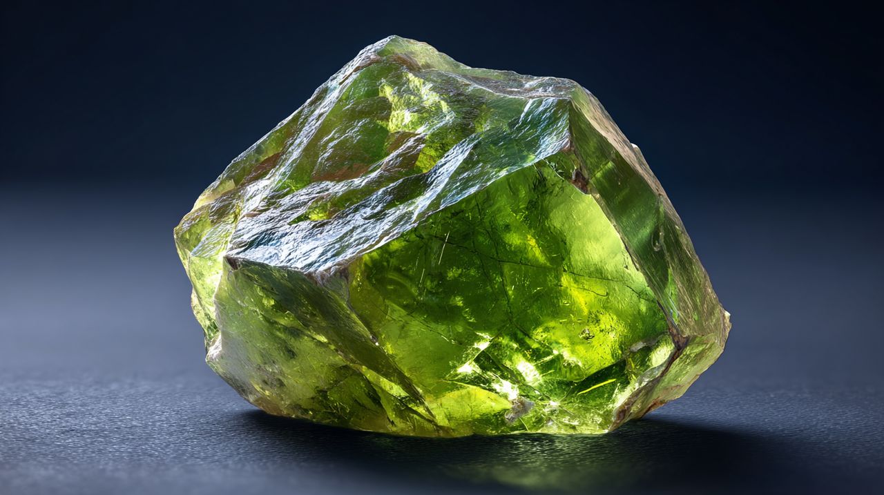 A raw, uncut Peridot crystal glowing with green light.