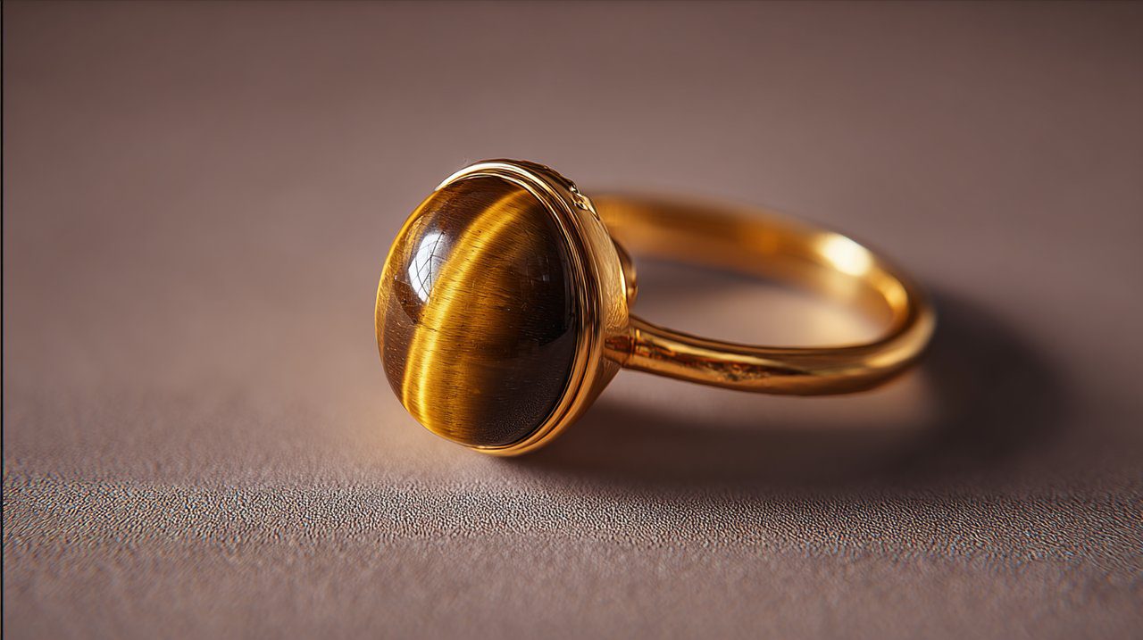 A gold ring featuring a shimmering Tiger's Eye gemstone.