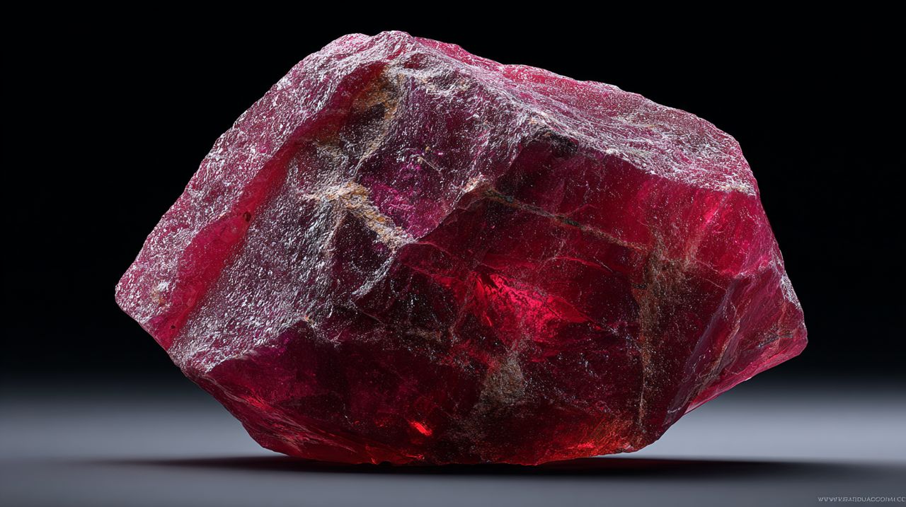 A raw, uncut ruby crystal.