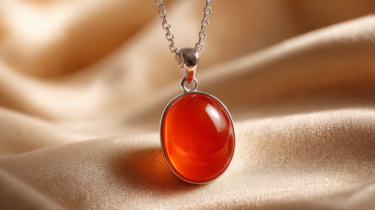 A vibrant carnelian pendant necklace.