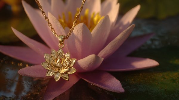 Colgante de loto en flor junto a una flor de loto floreciendo.
