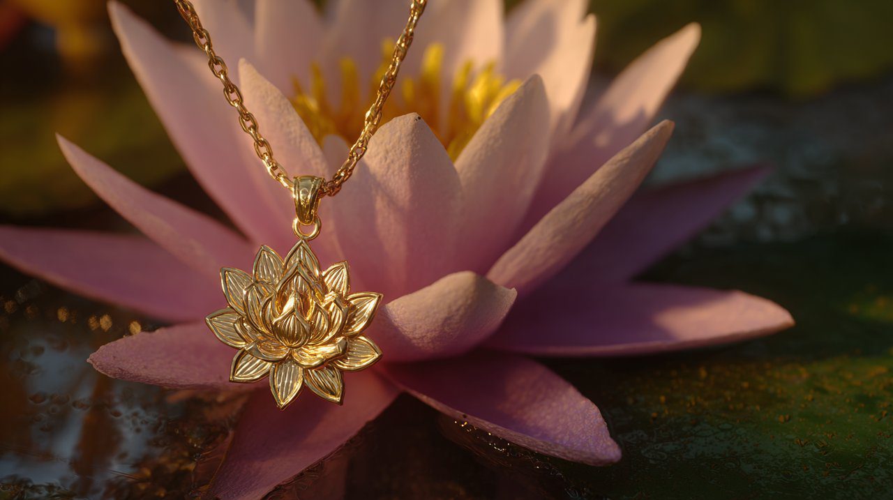 Pingente de lótus em flor ao lado de uma flor de lótus desabrochando.