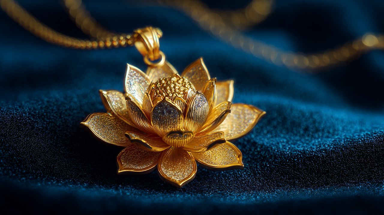 Close-up de um pingente de lótus em flor de ouro meticulosamente trabalhado.