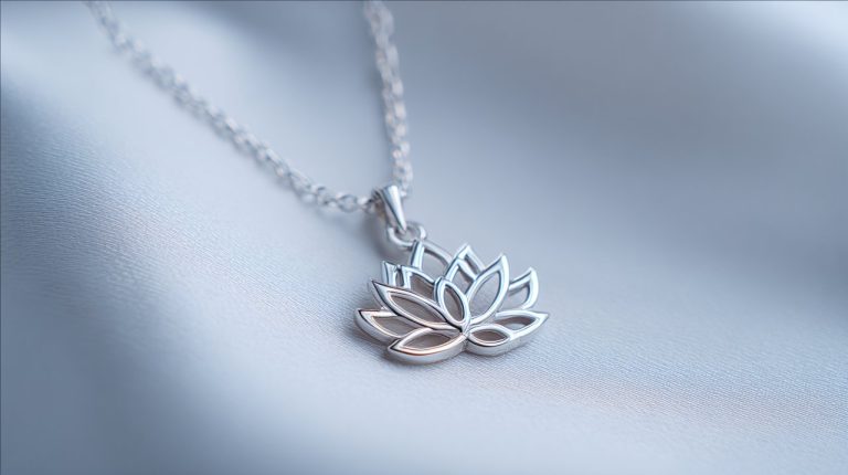 A beautiful silver flowering lotus pendant on a minimalist background.