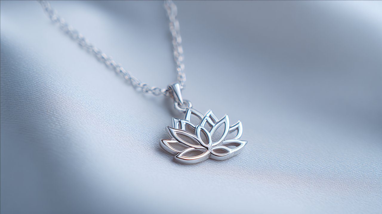 Um belo pingente de lótus em flor de prata sobre um fundo minimalista.