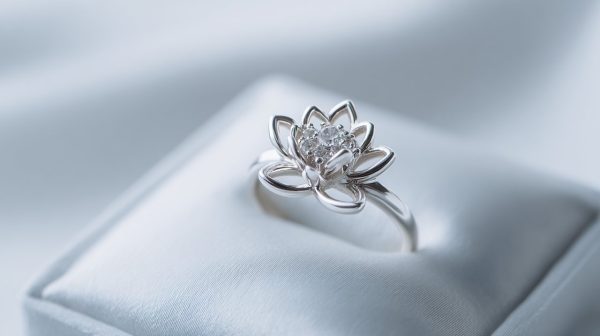 Un elegante anillo de flor de loto sobre un fondo minimalista.