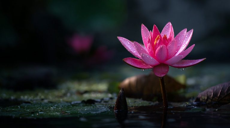 A pristine lotus flower blooming from murky water.