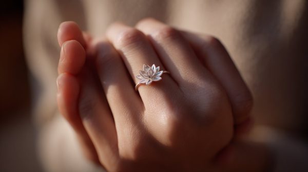 Una mano llevando un delicado anillo de loto, simbolizando conexión personal.