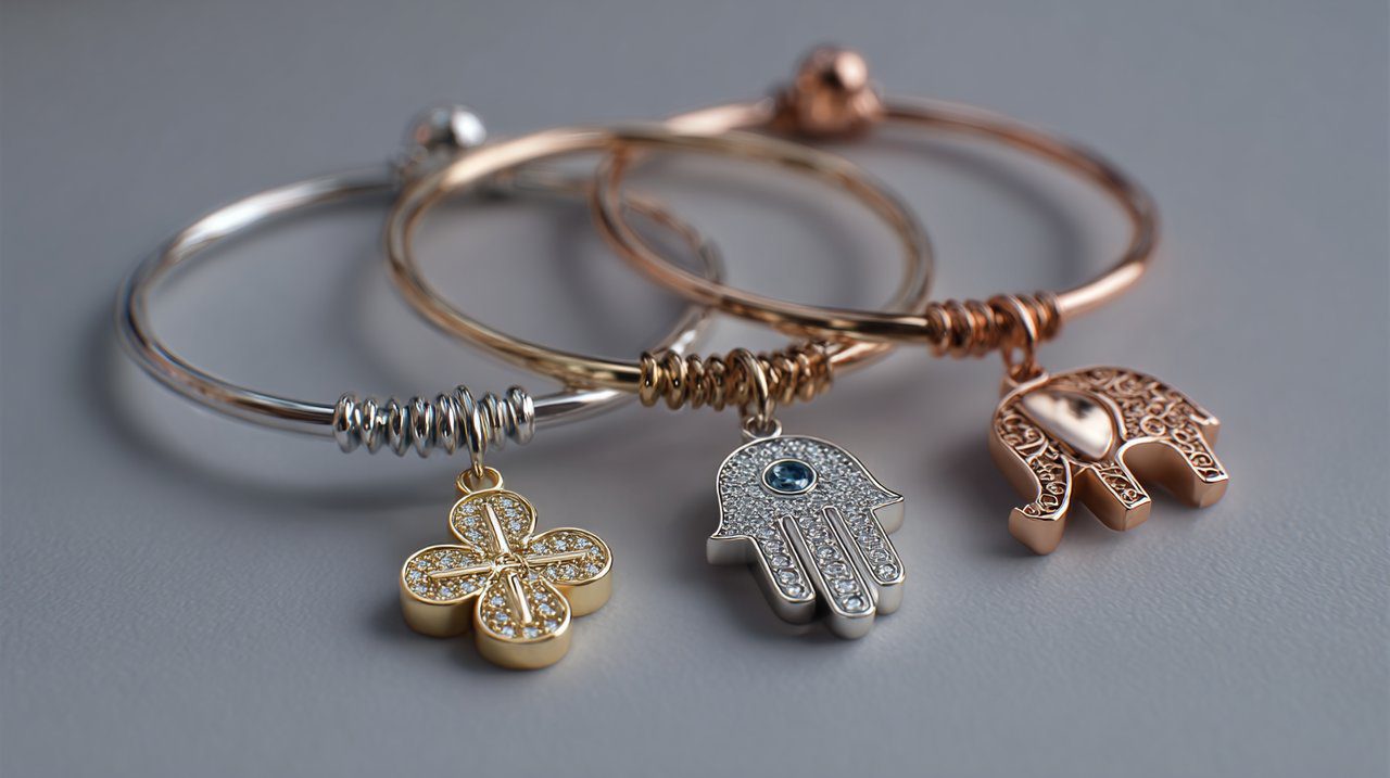 Uma coleção de pulseiras com diversos encantos da sorte