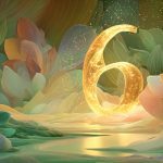 An ethereal glowing lucky number emerging from mist over water, surrounded by crystals and plants, symbolizing inner wisdom and guidance.