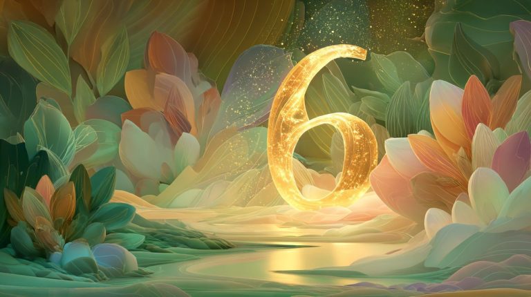 An ethereal glowing lucky number emerging from mist over water, surrounded by crystals and plants, symbolizing inner wisdom and guidance.