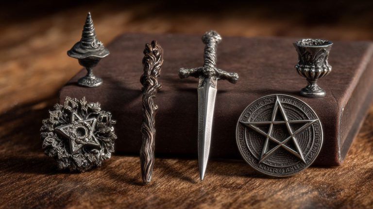 Crafted symbols of the four elements (wand, cup, sword, pentacle).