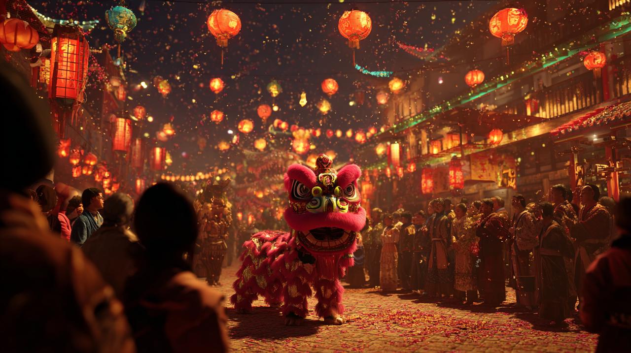 Vibrant Mahayana Buddhist New Year festival with lion dance.