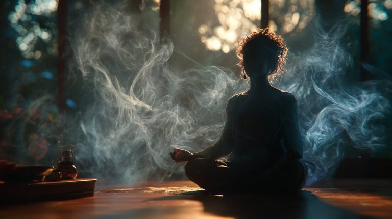 Person meditating with ethereal light, symbolizing inner peace.