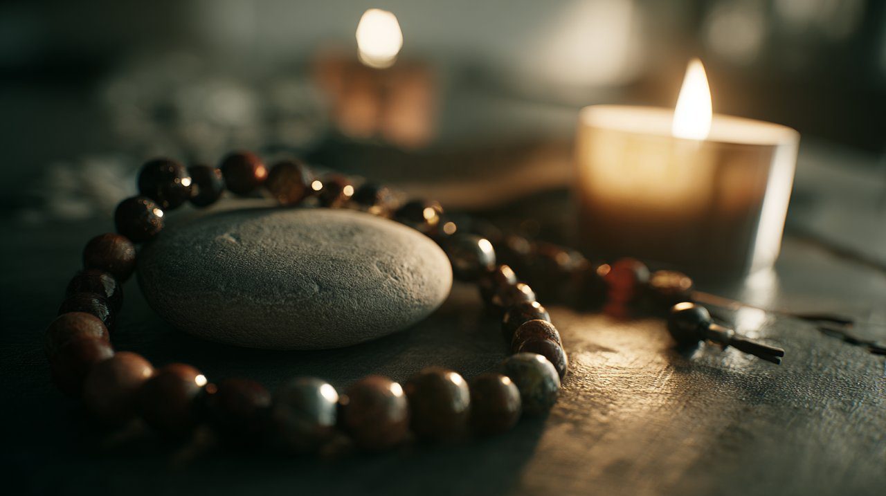 Contas de Mala num Ambiente de Meditação Sereno