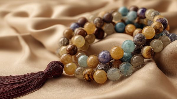 A traditional mala bead necklace on a smooth surface.