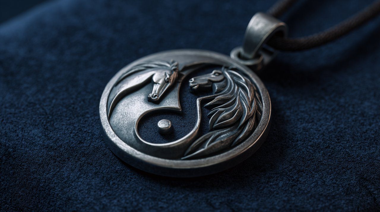 A metal pendant symbolizing Taoist balance and the Metal Horse's journey.
