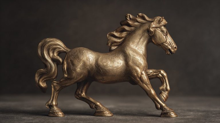 A metallic horse statuette embodying strength and freedom.
