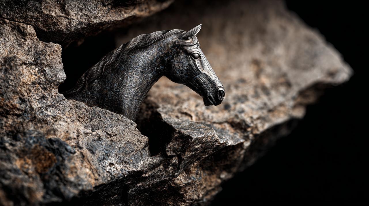 A metal horse carving integrated into weathered stone, symbolizing resilience.